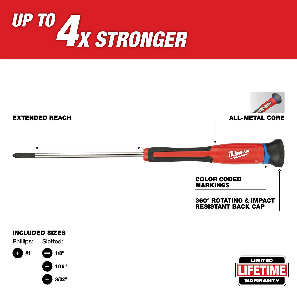 Milwaukee 48-22-2604 Screwdriver Set, 4 Pieces, Steel, Polished Chrome