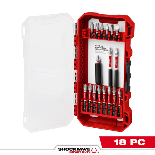 Milwaukee SHOCKWAVE Impact Duty 48-32-4403 18-Piece Driver Bit Set, #1, #2, #3, 3/16 in, T15, T20 Phillips/Slotted/Square/Torx Point, 1 in, 2 in, 3-1/2 in OAL, 1/4 in, Steel
