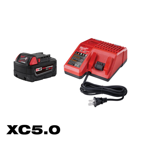 Milwaukee M18 48-59-1850 Battery Starter Kit, 5 Ah, 18 VDC Charge, For Use With M18 XC 5.0 Battery For Use with All Milwaukee M18 Tool, M18 and M12 Multi Voltage Charger For Use with All M18 and M12 Battery Pack