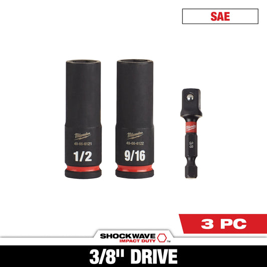 Milwaukee SHOCKWAVE 49-66-4417 Deep Thinwall Socket Set, 6 Points, 3/8 in Drive, 3 Pieces