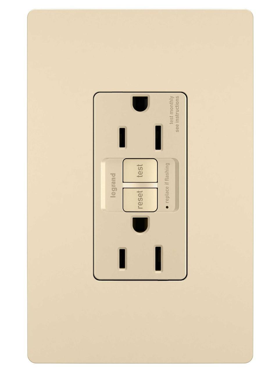 Radiant 1597I Duplex Self-Test GFCI Receptacle, 125 VAC, 15 A, 2 Poles, 3 Wires, Ivory