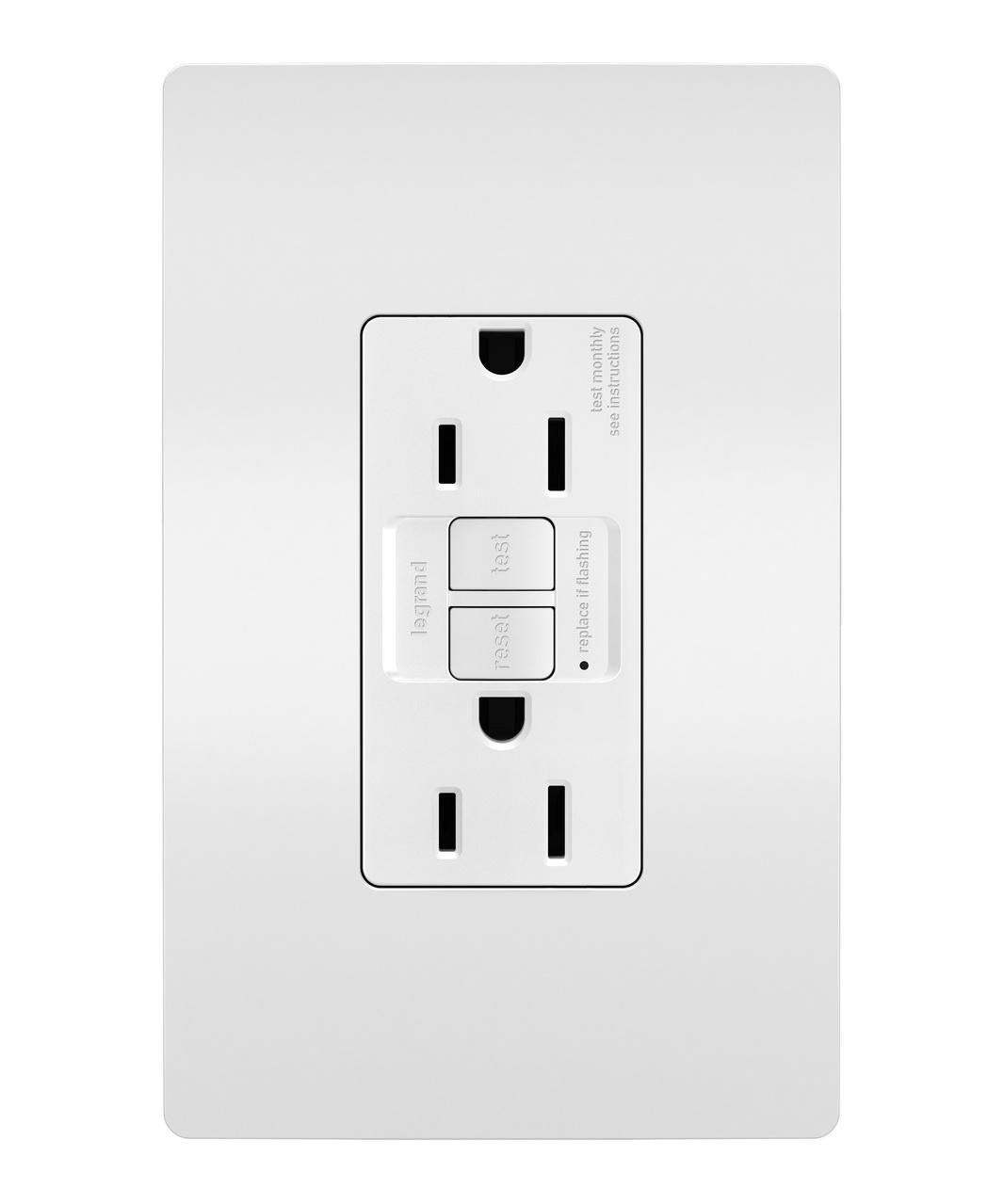 Radiant 1597W Duplex Self-Test GFCI Receptacle, 125 VAC, 15 A, 2 Poles, 3 Wires, White
