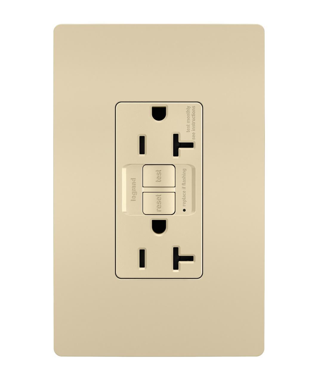 Radiant 2097I Duplex Self-Test GFCI Receptacle, 125 VAC, 20 A, 2 Poles, 3 Wires, Ivory