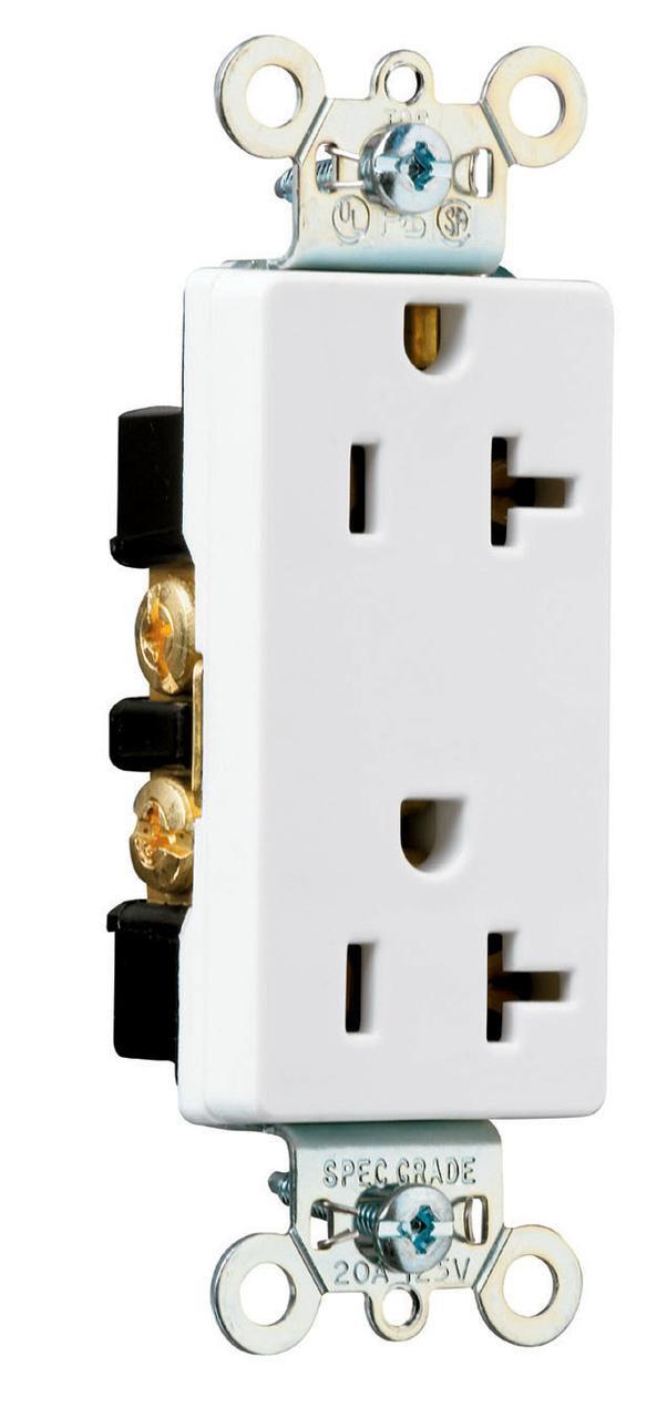 26352W Decorator Duplex Grounding Heavy Duty Straight Blade Receptacle, 125 VAC, 20 A, 2 Poles, 3 Wires, White
