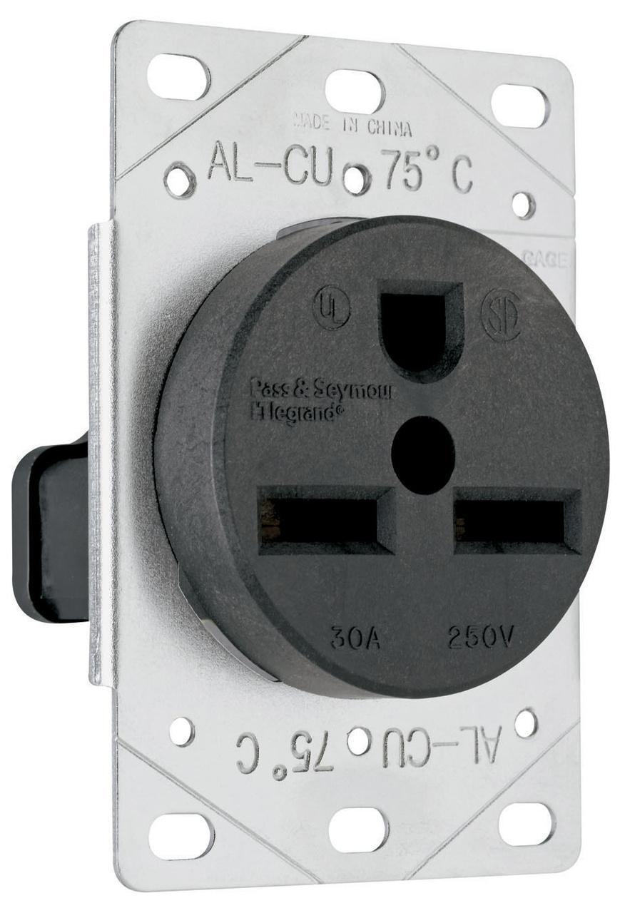 3801 Flush Grounding Straight Blade Receptacle, 250 VAC, 30 A, 2 Poles, 3 Wires, Black