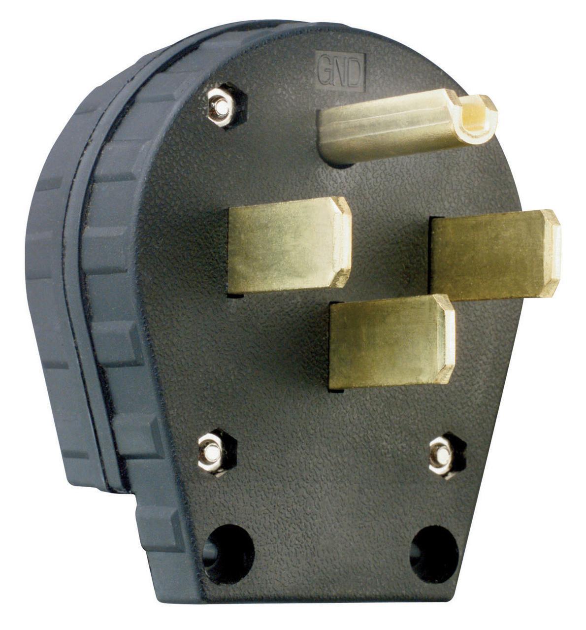 3867 Angled Non-Grounding Power Outlet Plug, 125/250 VAC, 20/50 A, 3 Poles, 3 Wires, Black