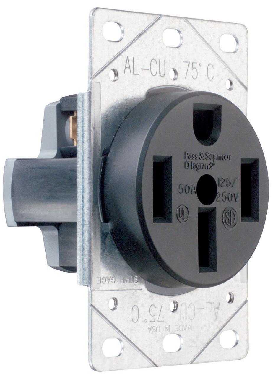 3894 Grounding Straight Blade Receptacle, 125/250 VAC, 50 A, 3 Poles, 4 Wires, Black