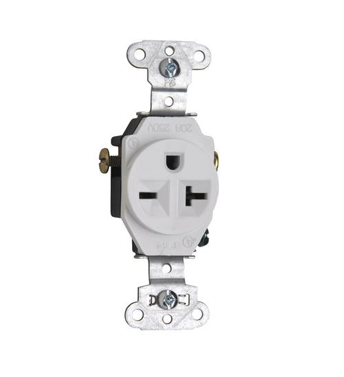 5851W Heavy-Duty Single Straight Blade Receptacle, 250 V 20 A, 2-Pole 3-Wire, White