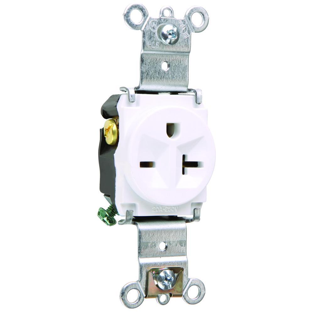 5871W Heavy Duty Single Straight Blade Receptacle, 250 VAC, 20 A, 2 Poles, 3 Wires, White