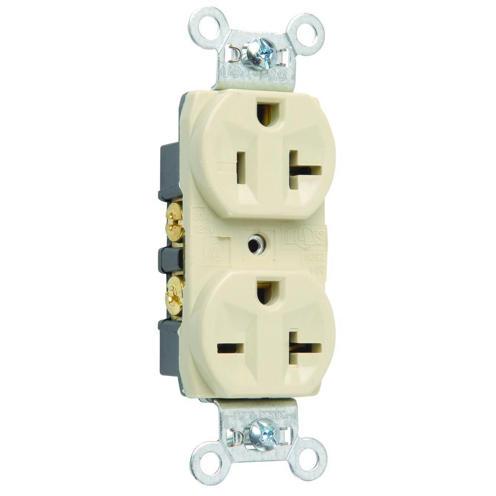 5890I Combination Duplex Straight Blade Receptacle, 125/250 VAC, 20 A, 2 Poles, 3 Wires, Ivory