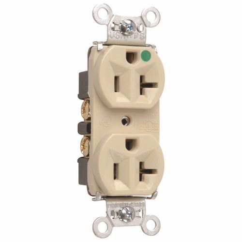 8300HI Duplex Heavy Duty Straight Blade Receptacle, 125 VAC, 20 A, 2 Poles, 3 Wires, Ivory