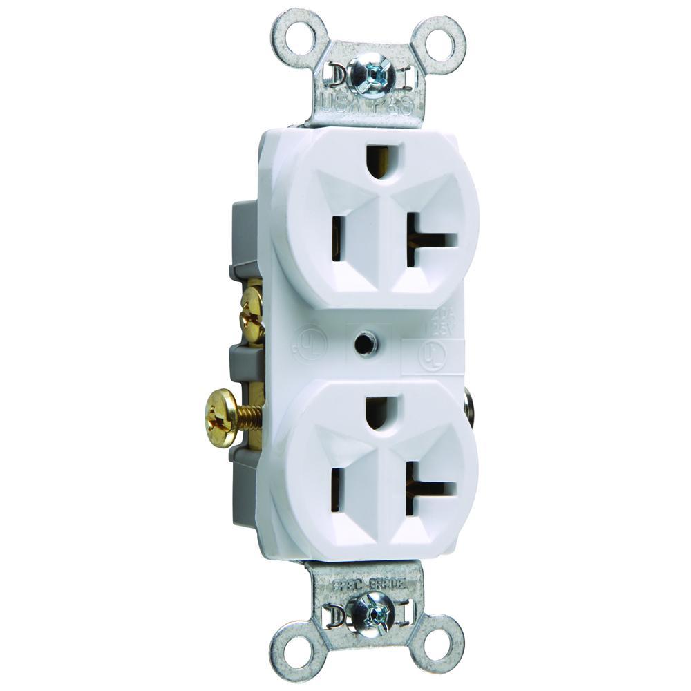 CR20W Duplex Straight Blade Receptacle, 125 VAC, 20 A, 2 Poles, 3 Wires, White
