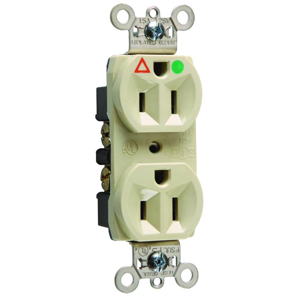 IG8200I Duplex Heavy Duty Straight Blade Receptacle, 125 VAC, 15 A, 2 Poles, 3 Wires, Ivory
