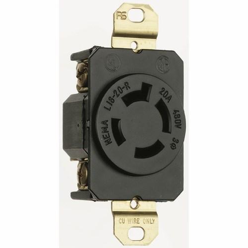 Turnlok L1620-R Single Locking Receptacle, 480 VAC, 20 A, 2 Poles, 3 Wires, Black