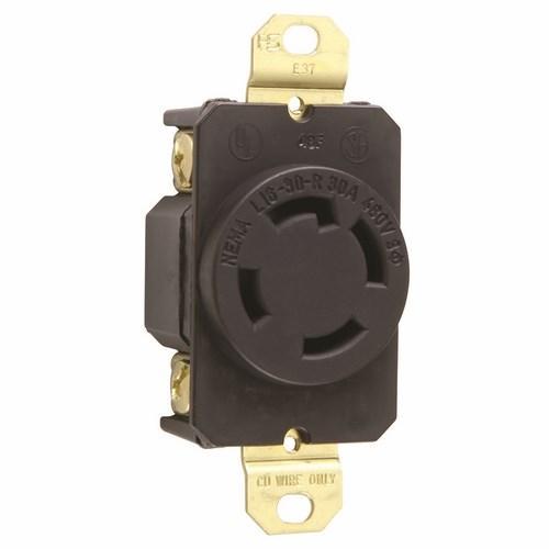 Turnlok L1630-R Single Locking Receptacle, 480 VAC, 30 A, 2 Poles, 3 Wires, Black