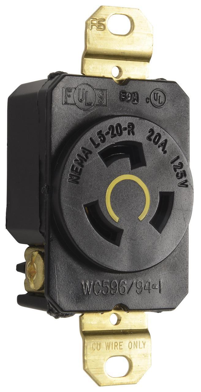 Turnlok L520-R Single Locking Receptacle, 125 VAC, 20 A, 2 Poles, 3 Wires, Black