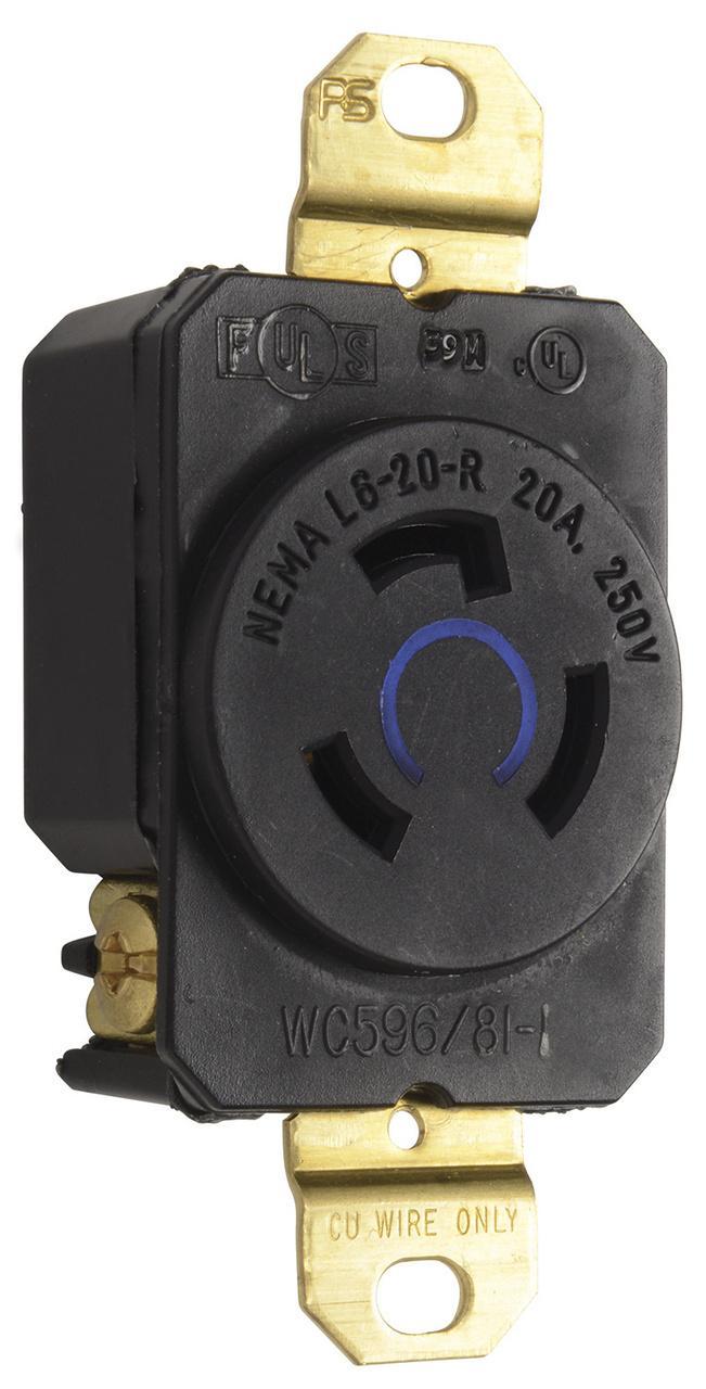 Turnlok L620-R Single Locking Receptacle, 250 VAC, 20 A, 2 Poles, 3 Wires, Black