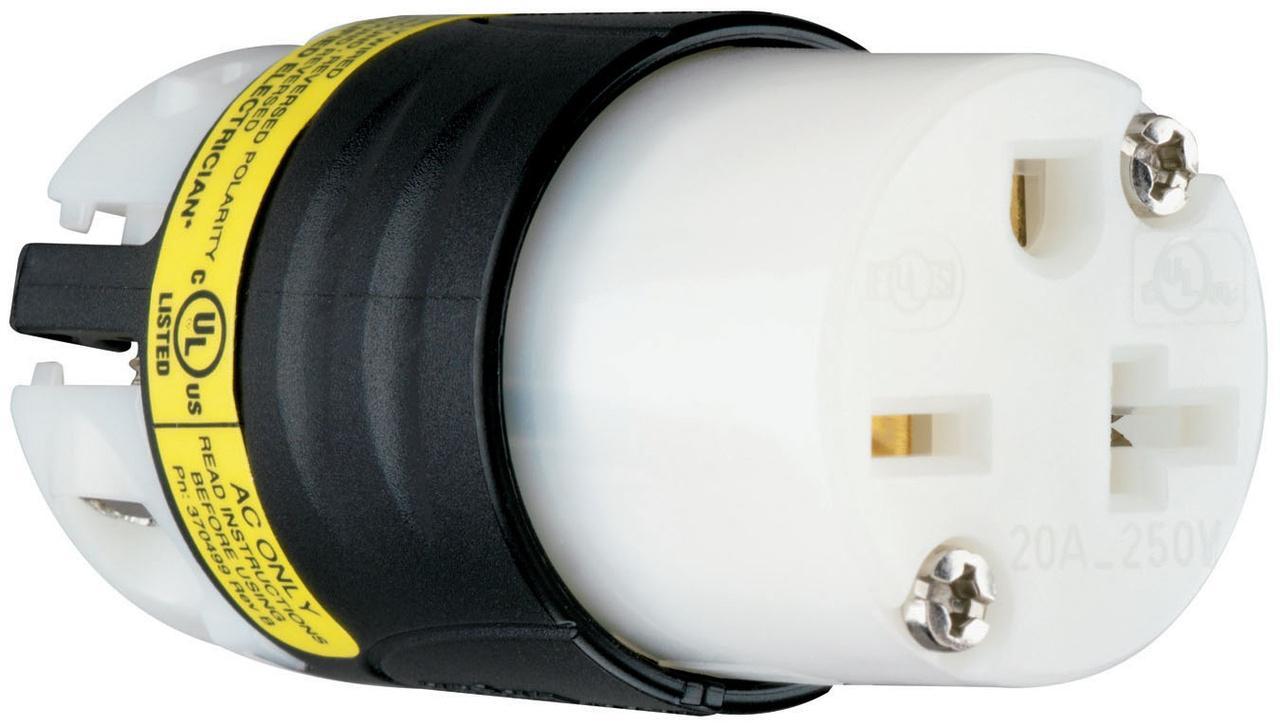 Maxgrip PS5469-XGCM Extra Hard Use Ground Continuity Monitoring Straight Blade Connector, 250 VAC, 20 A, 2 Poles, 3 Wires, Black/White