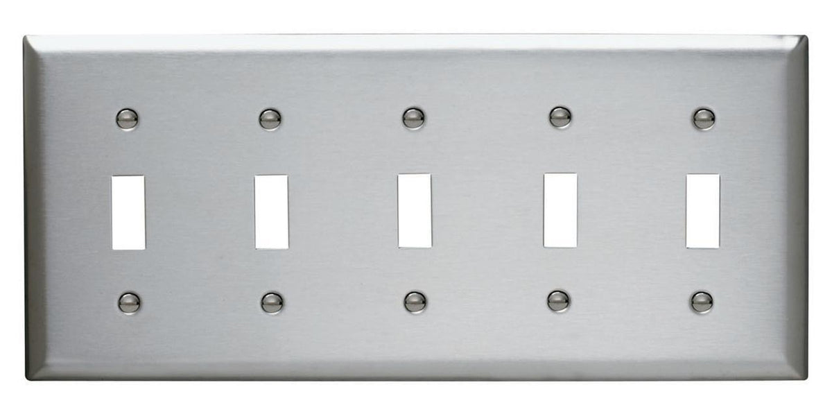SS5 Standard Wall Plate, 5 Gangs, 7 in W x 4-1/2 in H, 302 Stainless Steel
