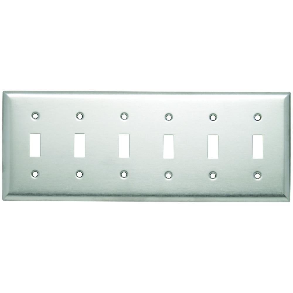 SS6 Standard Wall Plate, 6 Gangs, 7 in W x 4-1/2 in H, 302 Stainless Steel