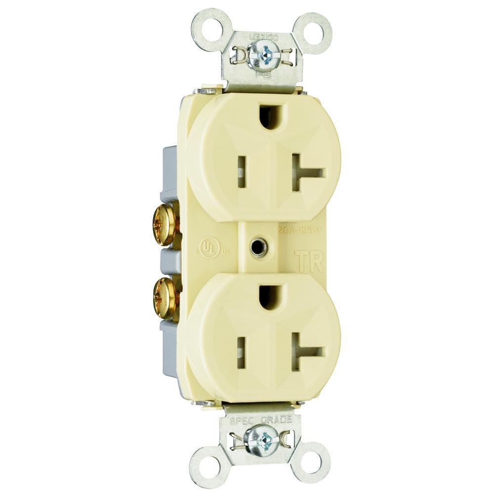 TR20I Duplex Tamper Resistant Straight Blade Receptacle, 125 VAC, 20 A, 2 Poles, 3 Wires, Ivory