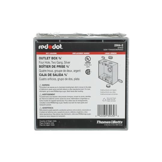 2IH4-2 Universal Weatherproof Box, Die Cast Aluminum, 31.8 cu-in Capacity, 2 Gangs, 4 Outlets, 4-9/16 in L x 4-5/8 in W x 2-1/16 in D