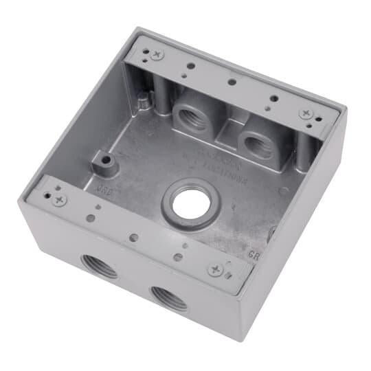 2IH5-1 Universal Weatherproof Box, Die Cast Aluminum, 31.8 cu-in Capacity, 2 Gangs, 5 Outlets, 4-9/16 in L x 4-5/8 in W x 2-1/16 in D