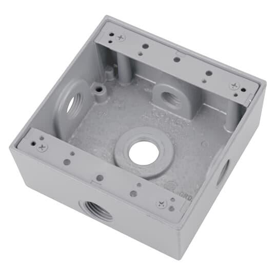 2IH5S2-1 Universal Weatherproof Box, Die Cast Aluminum, 31.8 cu-in Capacity, 2 Gangs, 5 Outlets, 4-9/16 in L x 4-5/8 in W x 2-1/16 in D