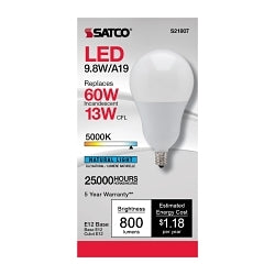 S21807 Type A Replacement LED Lamp, 10 W, 60 W Incandescent Equivalent, E12 Candelabra A19 LED Lamp, 800 Lumens