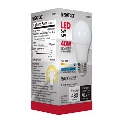 S9592 Type A LED Lamp, 6 W, 40 W Incandescent Equivalent, E26 Medium A19 LED Lamp, 480 Initial Lumens