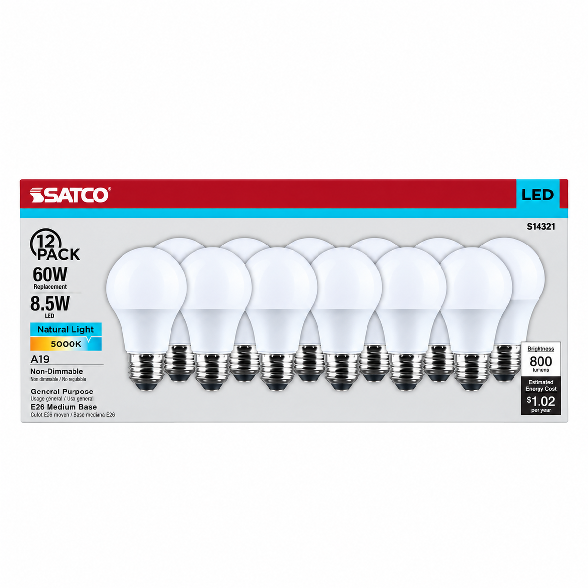 Satco S14321 8.5W A19 LED Bulb 5000K E26 800 Lumens 120V 12-Pack