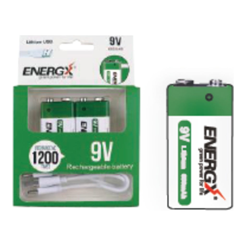 Energx® Lithium USB Rechargeable 9V Battery, 2-Pack
