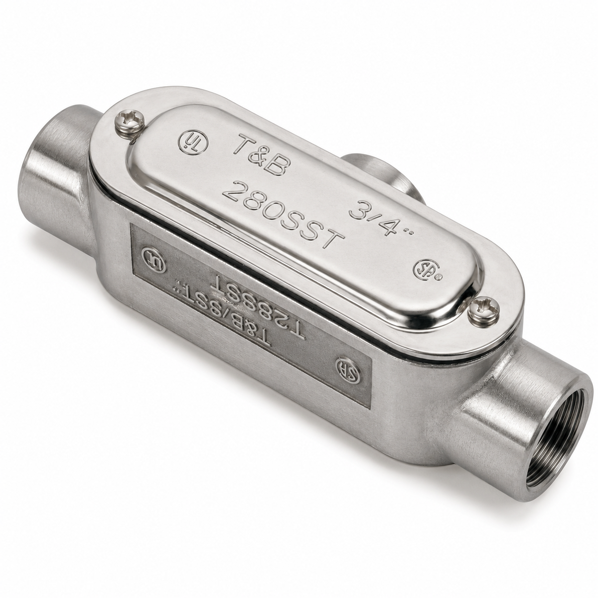 T&B® T28SST Type T Conduit Body With Cover, Gasket and Screw, 3/4 in Hub, Form 8 Form, 9 cu-in Capacity, 316 Stainless Steel, Polished