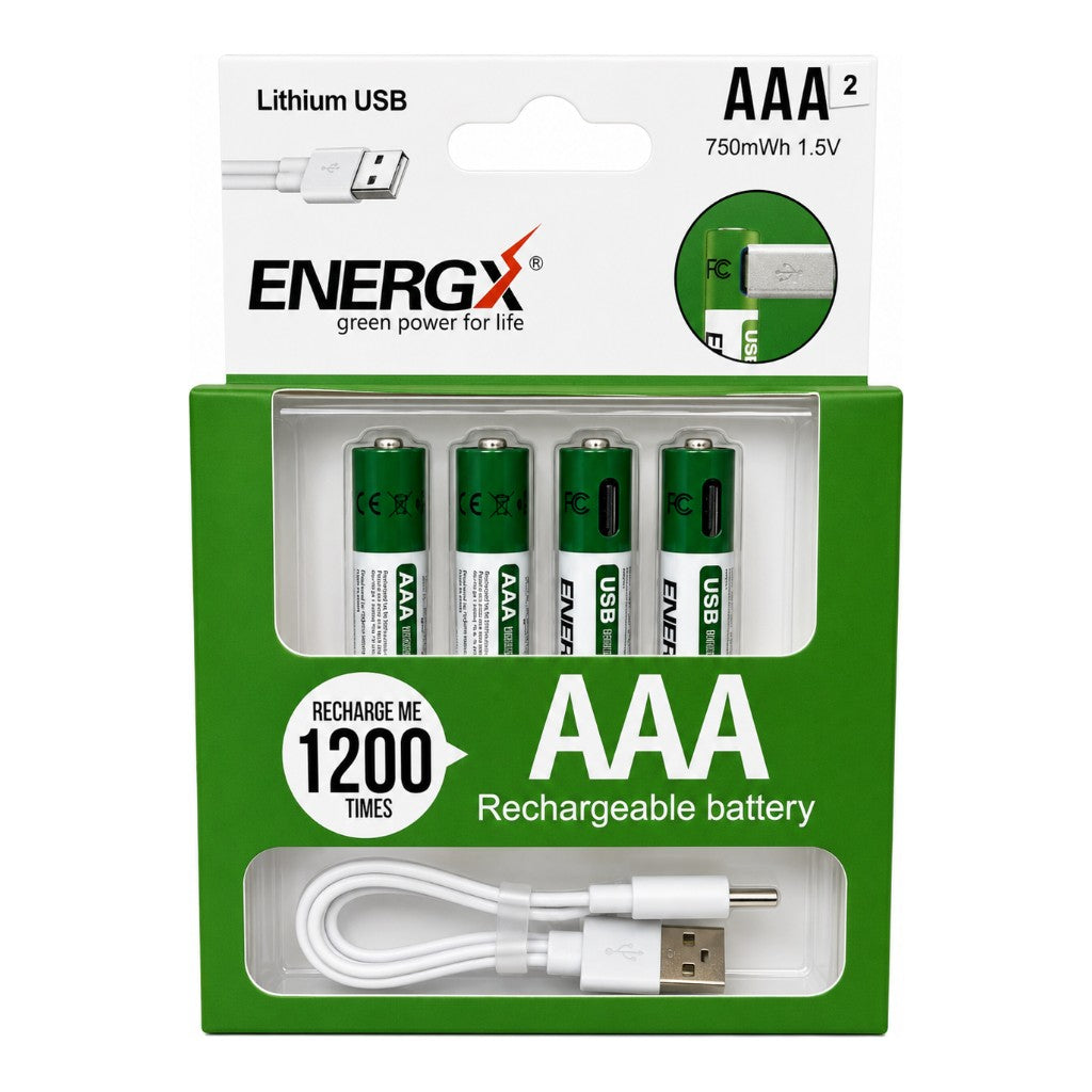 EnergxLithium USB Rechargeable AAA Battery, 4-Pack