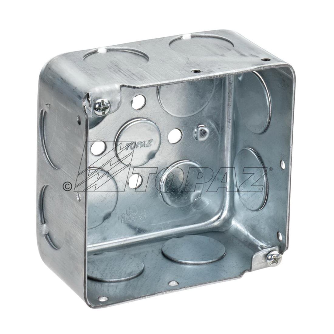 B8545 Welded Square Box With Raised Ground Emboss, Steel, 22 cu in Capacity, 11 Knockouts, 4 in L x 4 in W x 1-1/2 in D