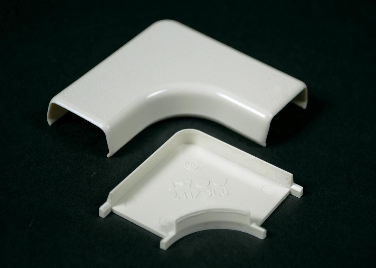 Wiremold® WMD411-WH Flat Non-Metallic Raceway Elbow, 90 deg Bend, 2 in Bend Radius, 7/16 x 7/8 in OD, PVC