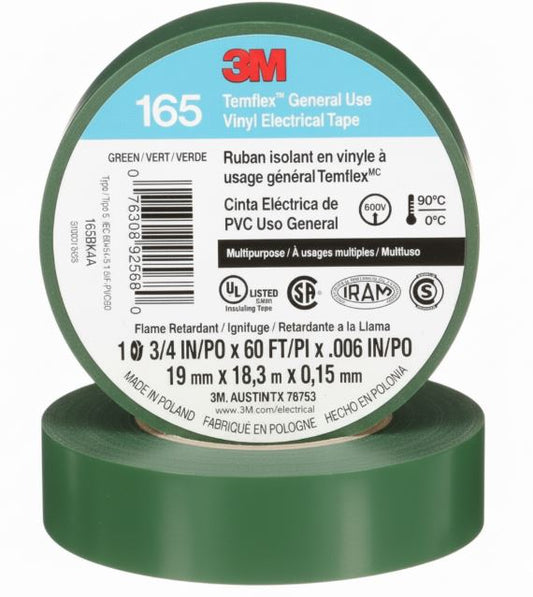 3M™ 165 Vinyl Electrical Tape, Green, 3/4 in x 60 ft