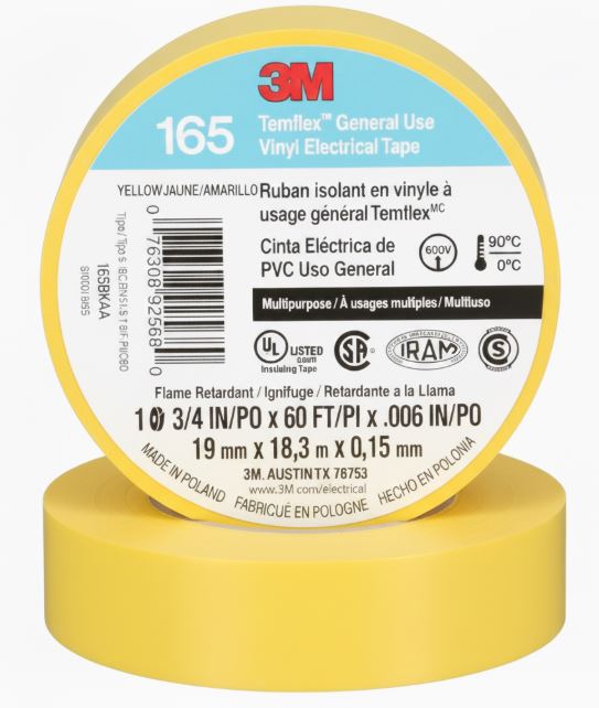 3M™ 165 Vinyl Electrical Tape, Yellow, 3/4 in x 60 ft