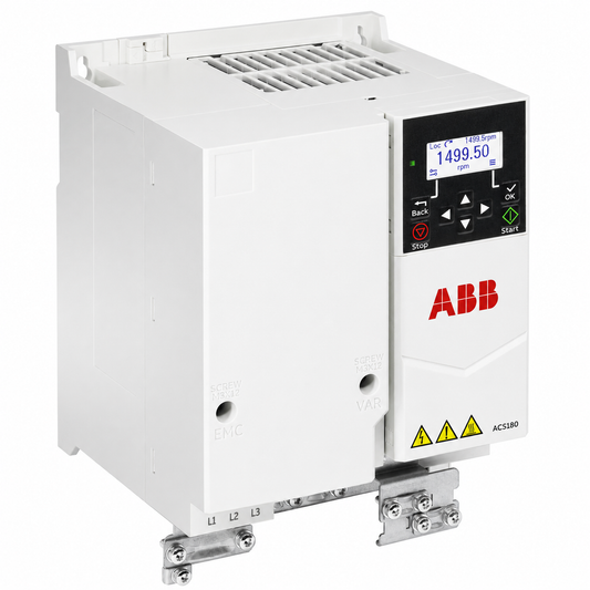 ABB ACS180-04S-033A-2 10 HP VFD, 32 A IEC, 200-240 VAC, 3-Phase, R3 Frame