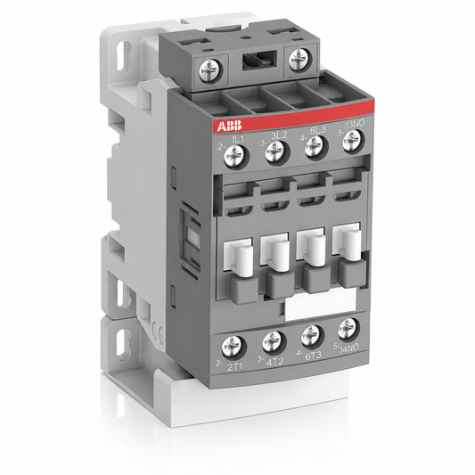 ABB AF09 Series 3-Pole IEC Contactor, 9A AC3 Motor / 20A AC1 Resistive, 100-250 VAC/DC Coil, 1 NO + 1 NC Auxiliary