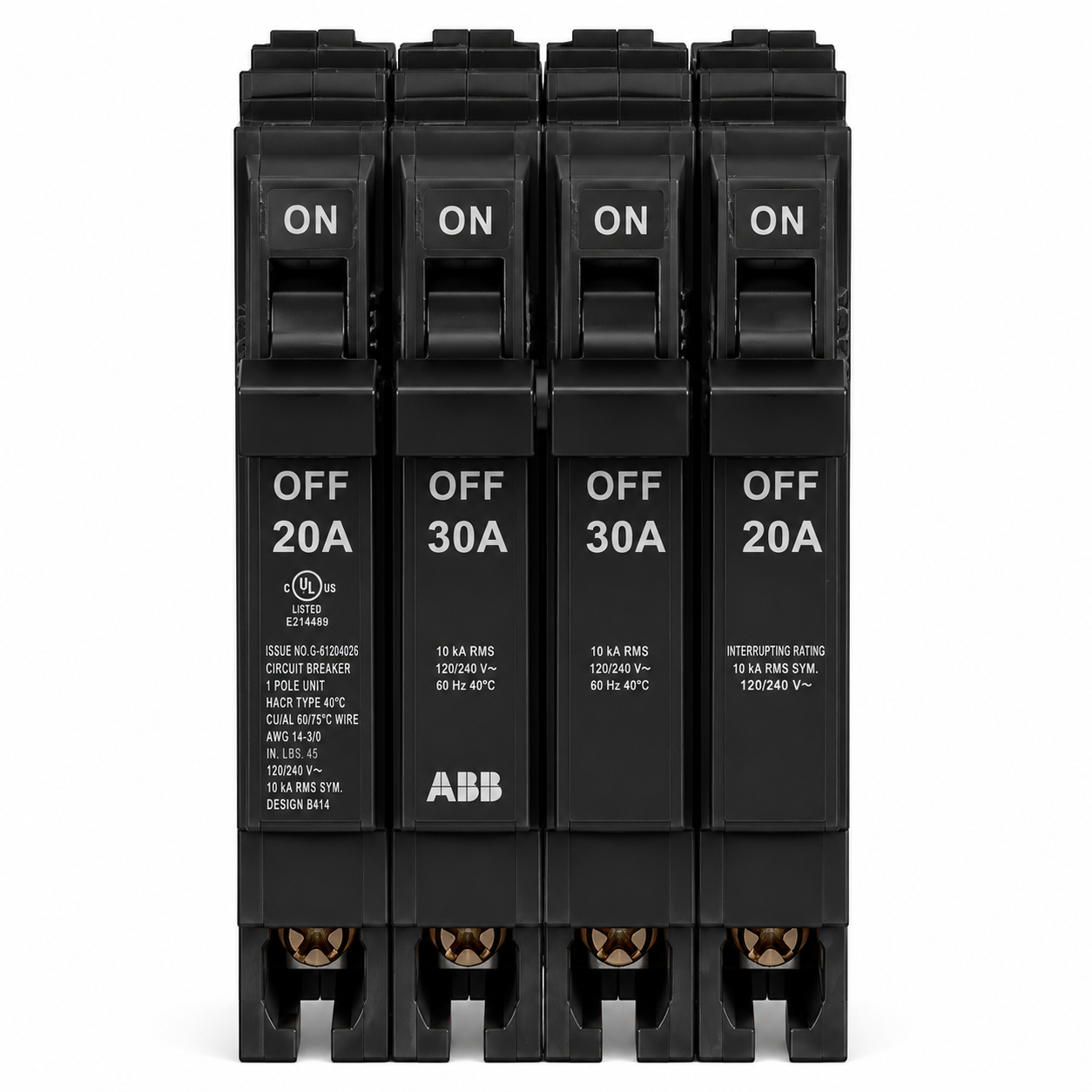 ABB Q-Line Quad Circuit Breaker, 20A/1P + 30A/2P + 20A/1P, 120/240V, 10 kAIC