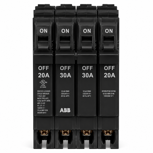 ABB Q-Line Quad Circuit Breaker, 20A/1P + 30A/2P + 20A/1P, 120/240V, 10 kAIC