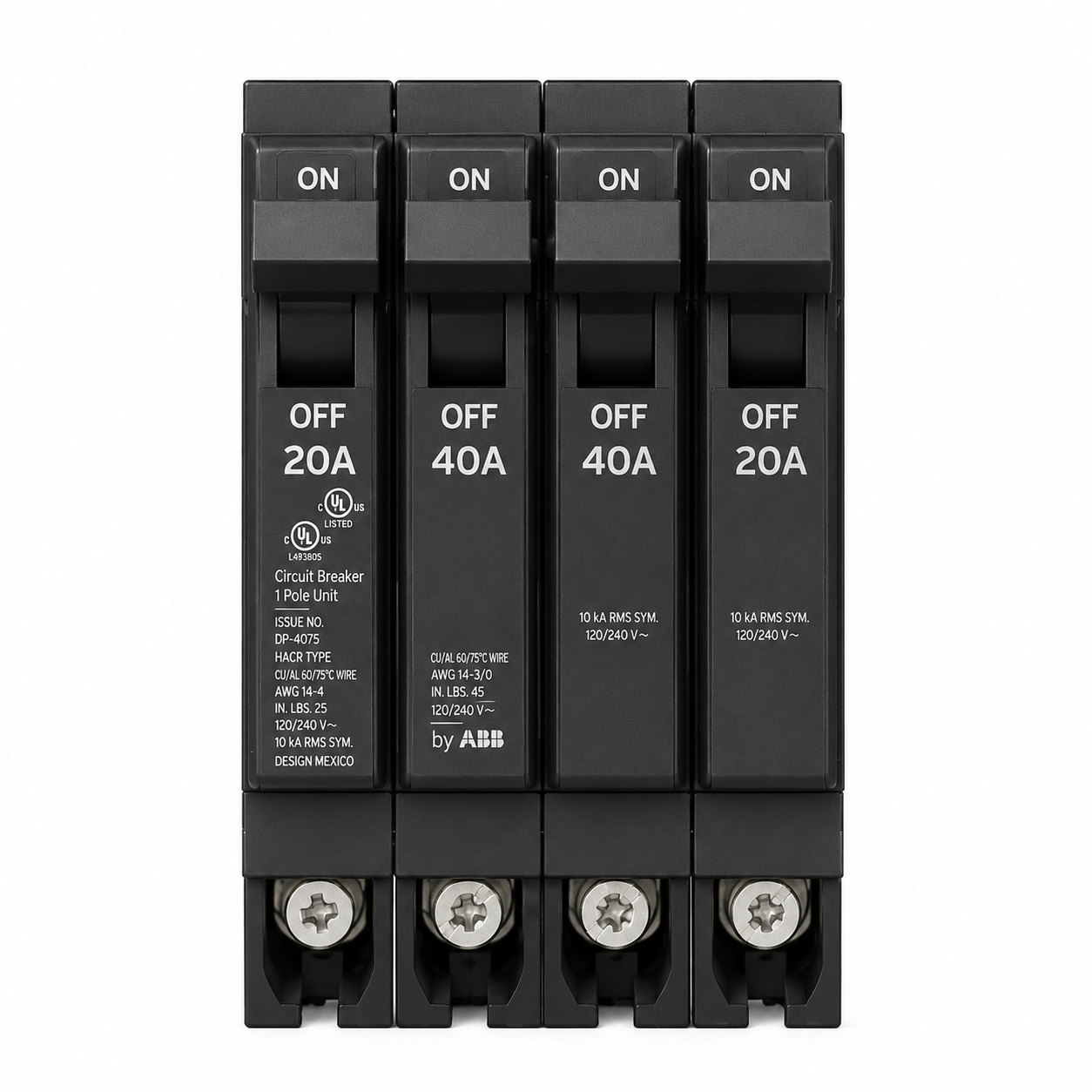 ABB Q-Line Quad Circuit Breaker, 20A/1P + 40A/2P + 20A/1P, 120/240V, 10 kAIC