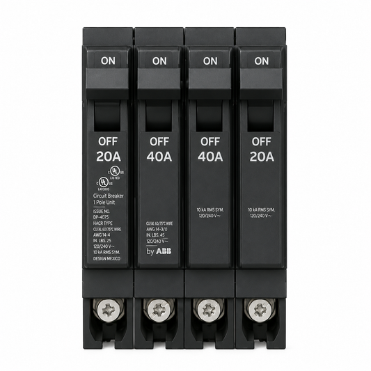 ABB Q-Line Quad Circuit Breaker, 20A/1P + 40A/2P + 20A/1P, 120/240V, 10 kAIC