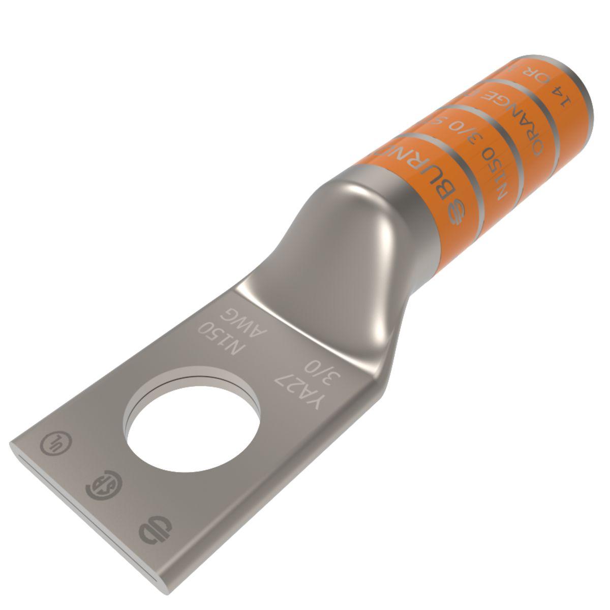 BURNDY® HYLUG™ YA27 YA Series 1-Hole Uninsulated Compression Lug, 3/0 AWG Stranded Copper Conductor, Die Code: 14, 1/2 in Stud, Tin Plated Copper