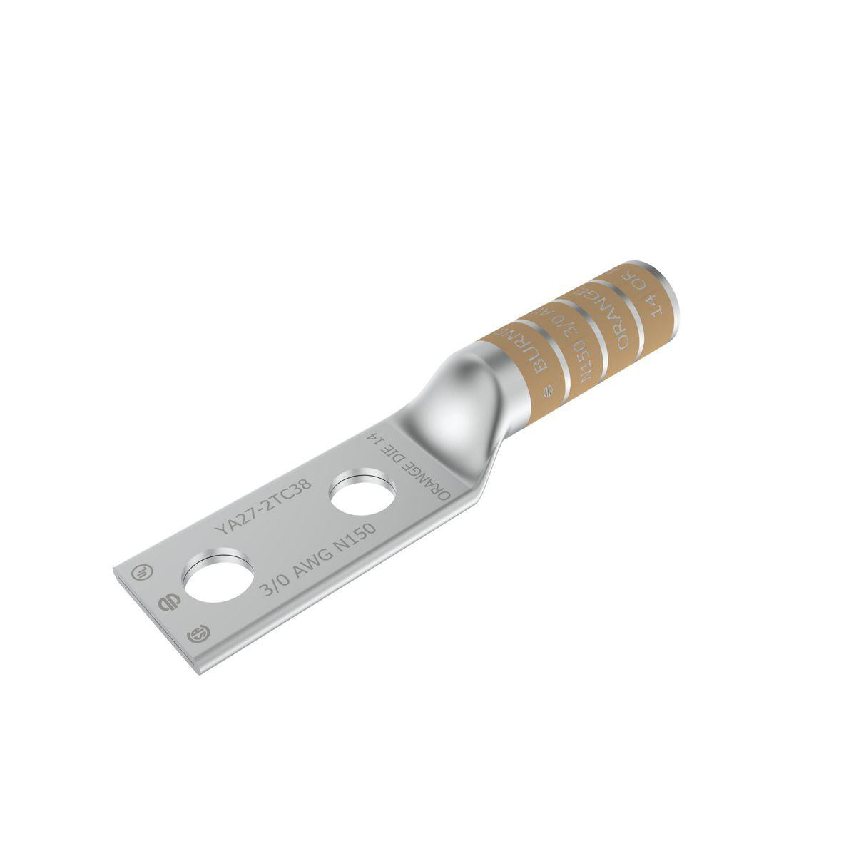 BURNDY® HYLUG™ YA272N YA-2N 2-Hole Compression Lug, 3/0 AWG Stranded Copper Conductor, Die Code: 14, 1/2 in Stud, Tin Plated Copper