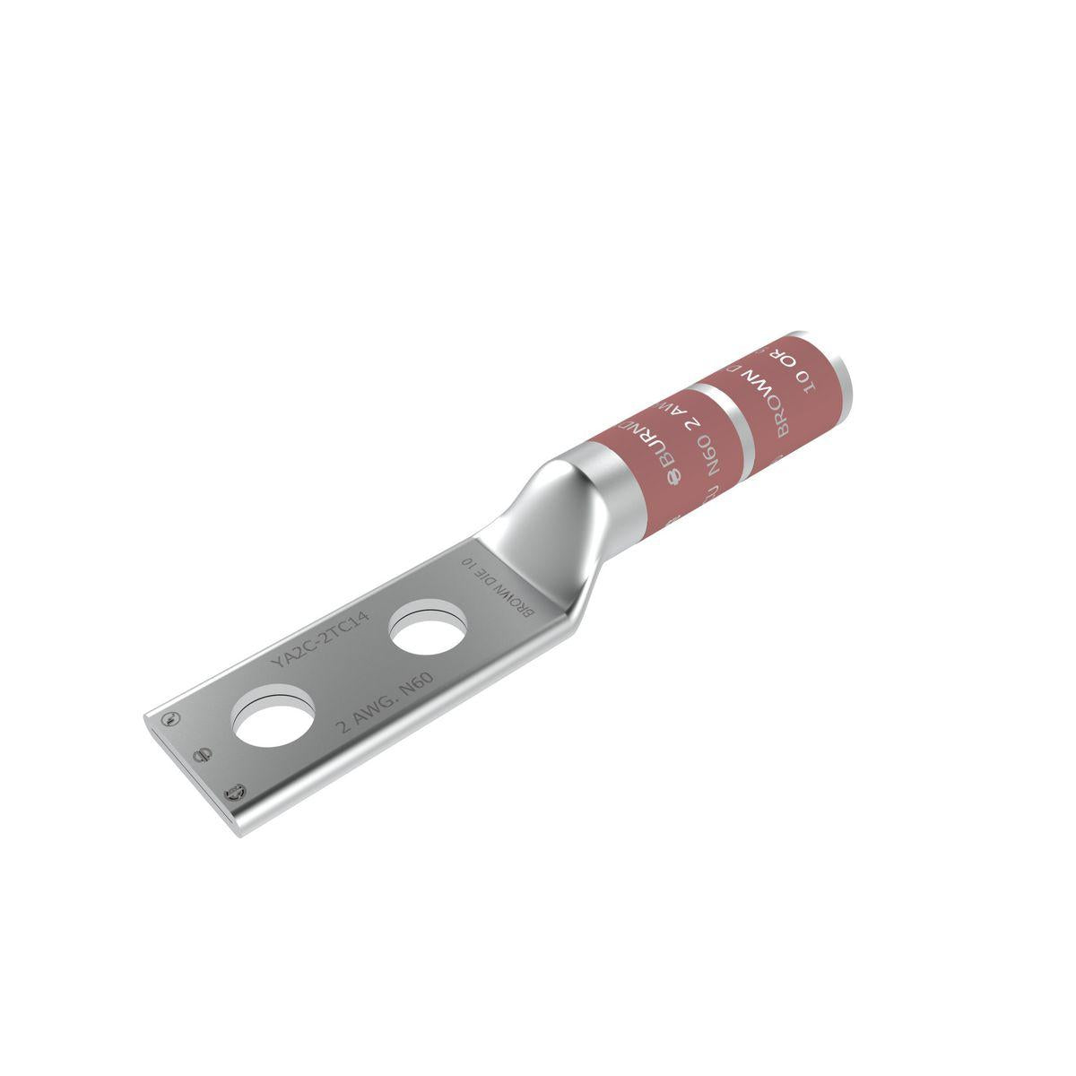 BURNDY® HYLUG™ YA2C2N YA-2N 2-Hole Compression Lug, 2 AWG Stranded Copper Conductor, Die Code: 10, 1/2 in Stud, Tin Plated Copper