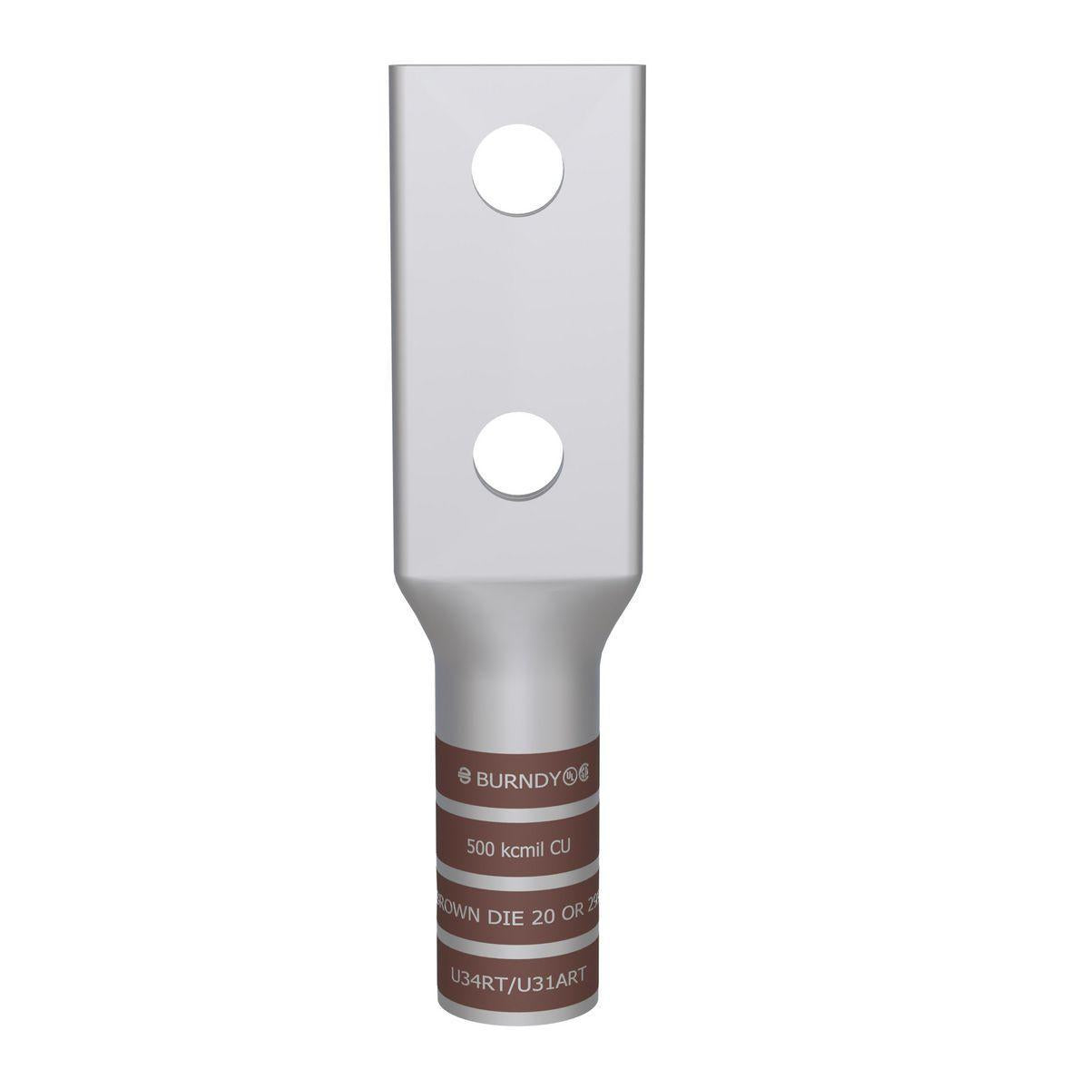 BURNDY® HYLUG™ YA342N 2-Hole Compression Lug, 500 kcmil Stranded Copper Conductor, Die Code: 20, 1/2 in Stud, Tin Plated Copper