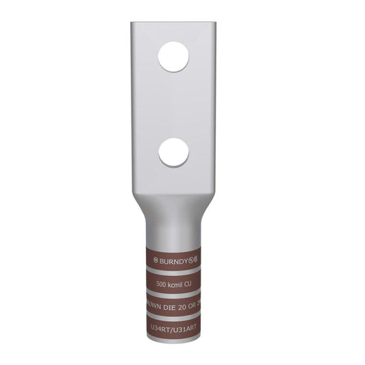 BURNDY® HYLUG™ YA342N 2-Hole Compression Lug, 500 kcmil Stranded Copper Conductor, Die Code: 20, 1/2 in Stud, Tin Plated Copper