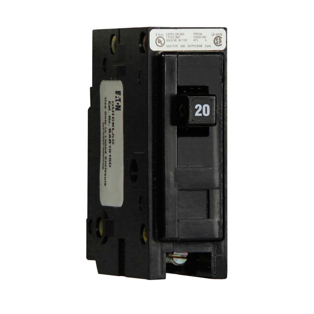 EATON QuickLag® BAB1020 Type BAB Miniature Circuit Breaker, 120/240 VAC, 20 A, 10 kA Interrupt, 1 Pole, Non-Interchangeable Thermal Magnetic Trip